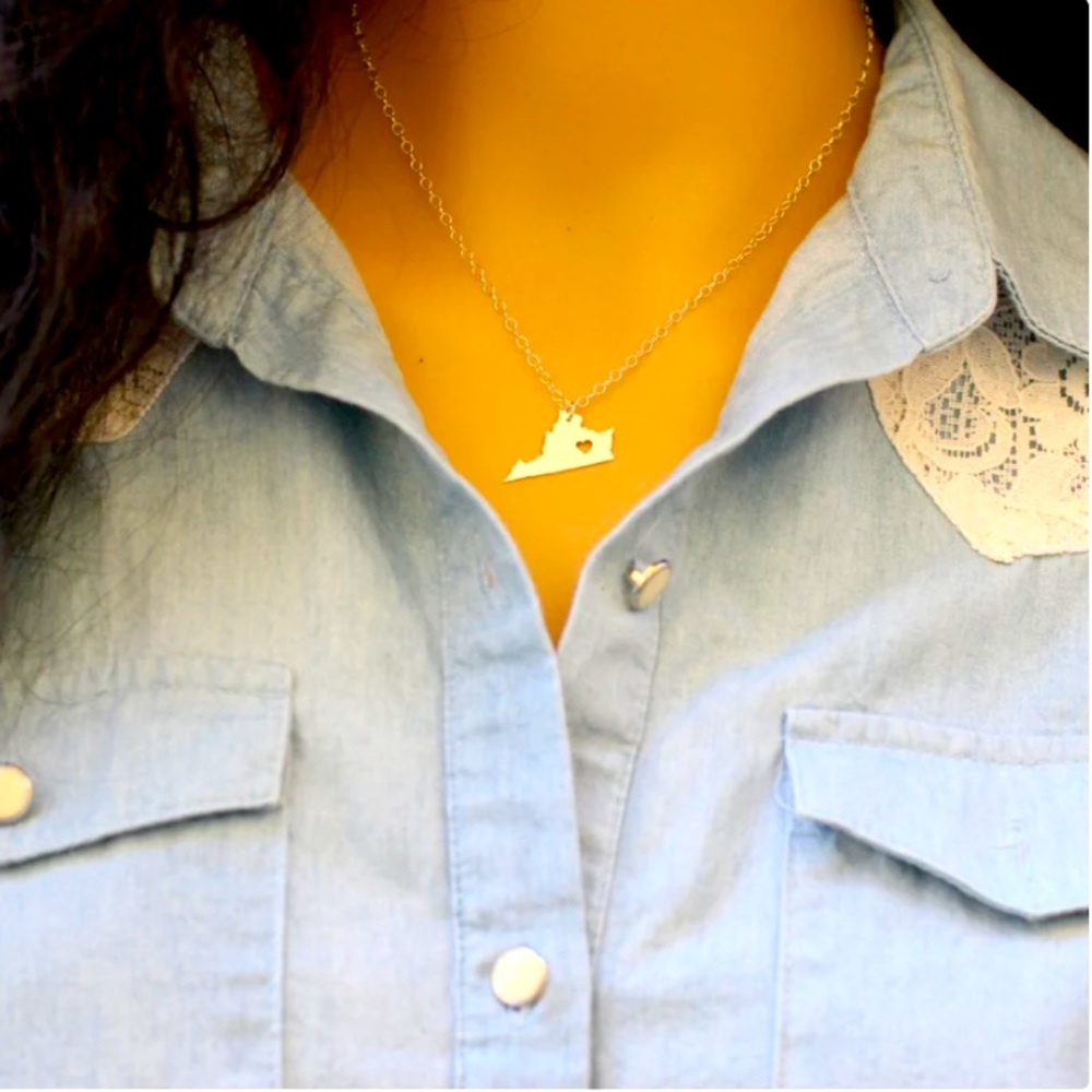 Virginia State Necklace, 14K Gold Filled, Sterling Silver, Rose Gold, 18” Chain